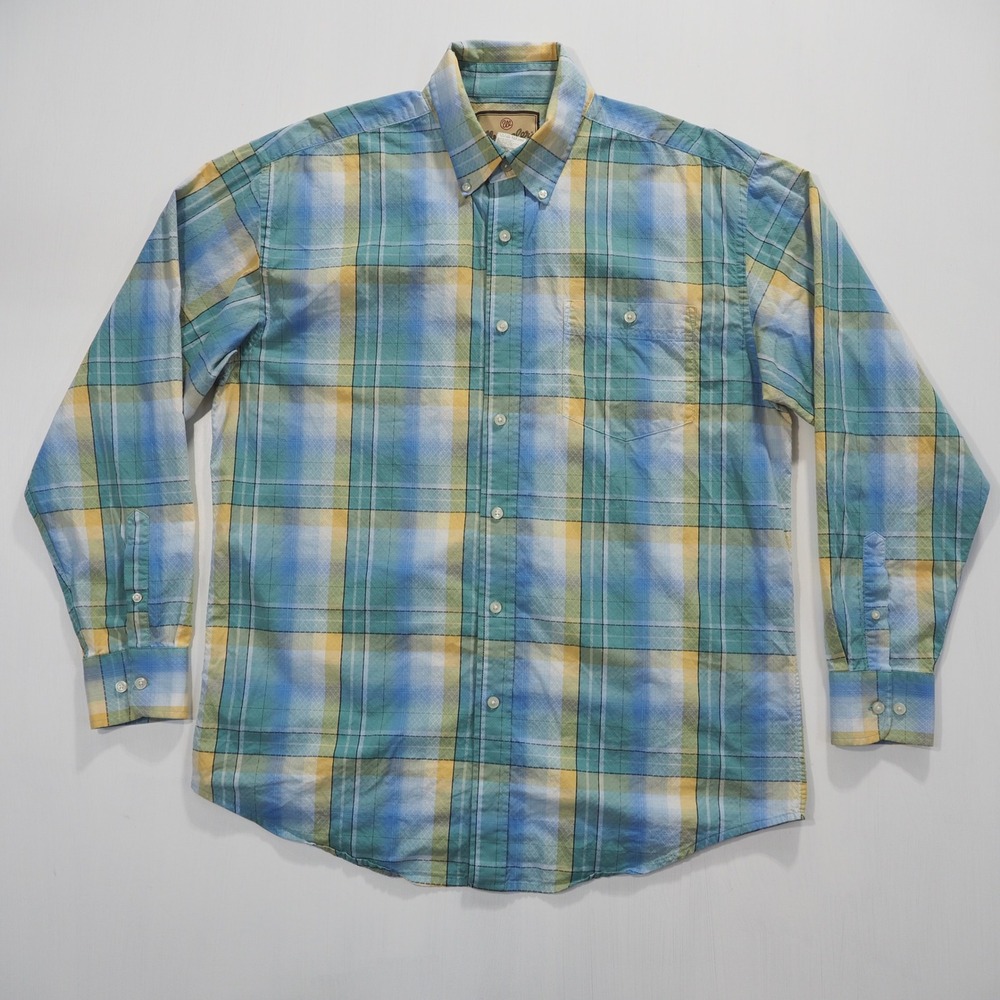Wrangler Shirt Mens Large Blue Yellow Plaid Button Down Long Sleeve Cotton